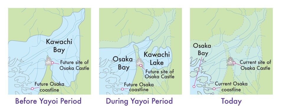 Maps showing Osaka's changing coastline through history.