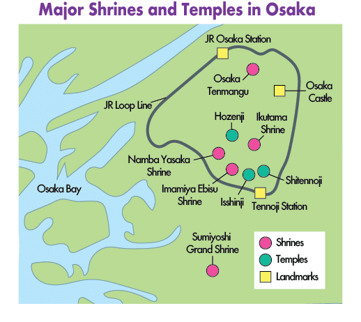 Locations of various historically significant temples in modern Osaka City.