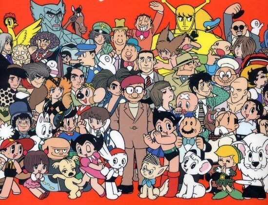 Tezuka Osamu self-portrait surrounded by recurring characters.