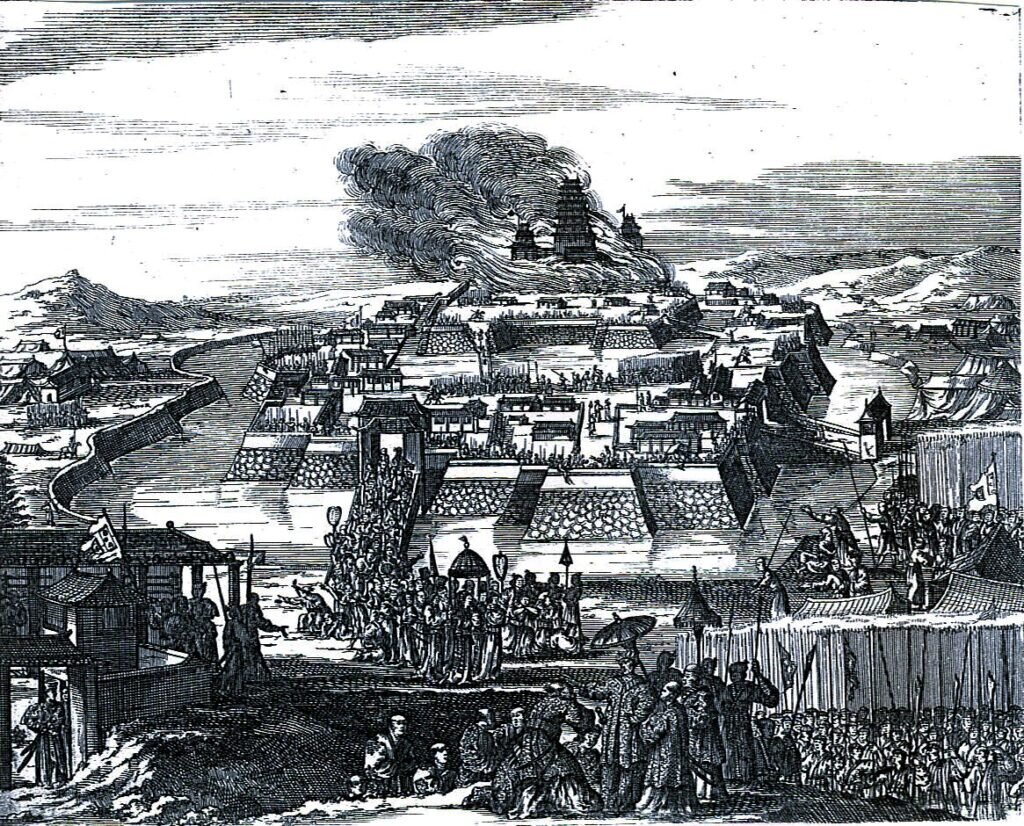 1663 representation of the destruction of Osaka Castle by Tokugawa forces. Source: Wikipedia https://commons.wikimedia.org/wiki/File:Caron1663.jpg