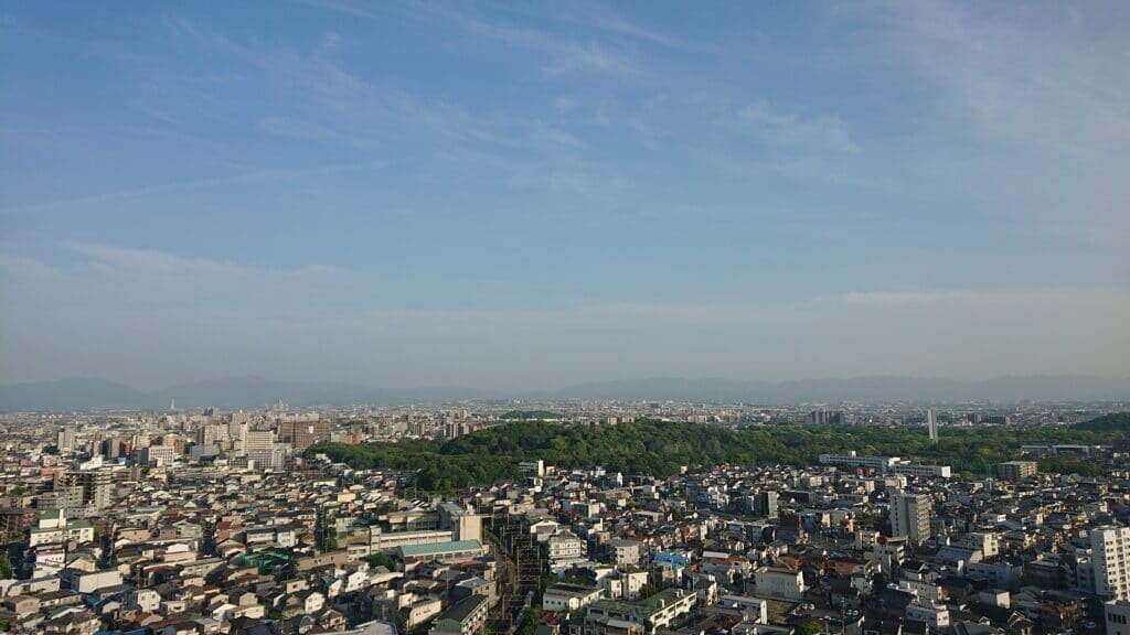 View of Daisenryo Kofun from Sakai City Hall Observatory.