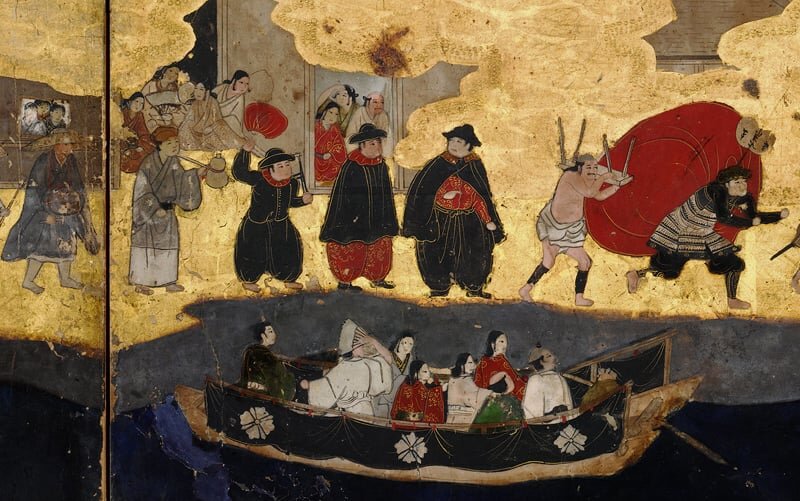 Depiction of Portuguese men in Sakai on a folding screen from the early Edo Period. Source: Sakai Tourism and Convention Bureau https://www.sakai-tcb.or.jp/about-sakai/sakaimatsuri/origin/